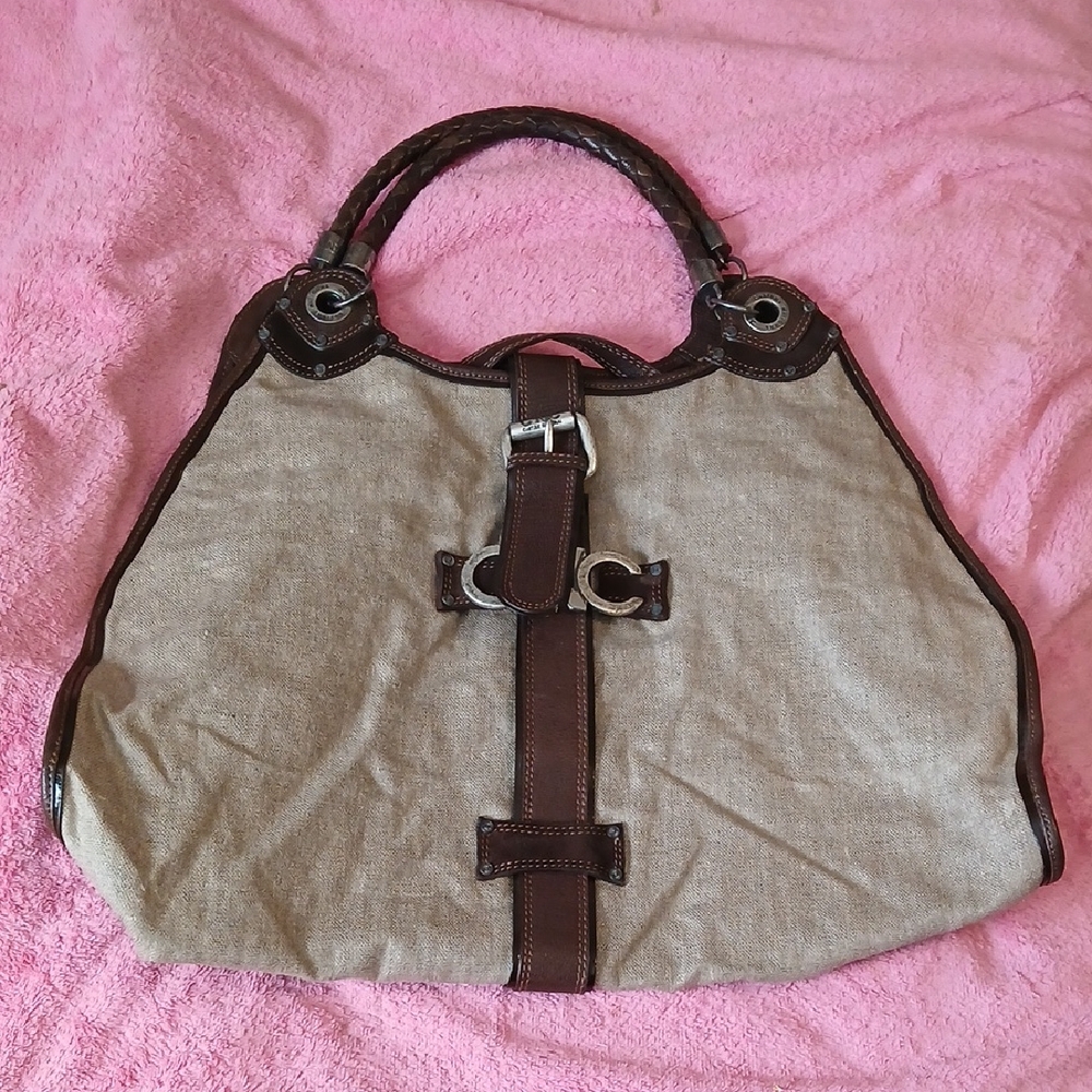 CNC Costume National Beige Canvas Tote with Brown Leather Trim